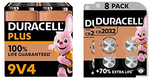 Duracell Plus 9V Block Alkaline-Batterien, 6LR61 MN1604, 4er Pack & Specialty 2032 Lithium-Knopfzelle 3V, 8er-Packung, mit kindersicherer Technologie