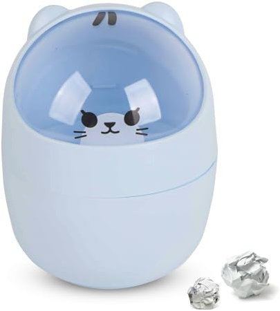Cyrank Lindo bote de basura de mini mesa, bote de basura en forma de gato de dibujos animados, bote de basura de mini mesa con tapa oscilante, bote de basura pequeño (azul)