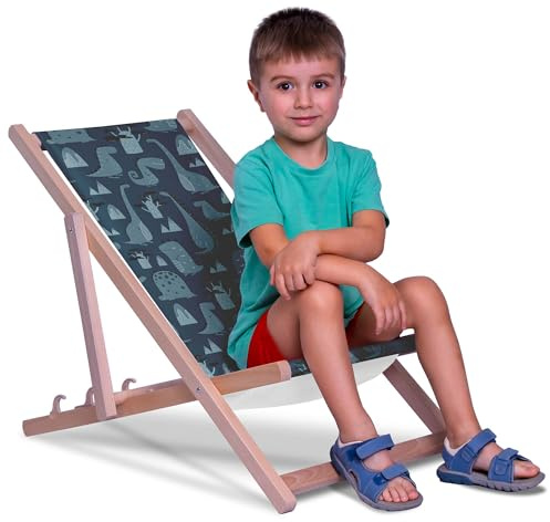 DreamRoots Kinder Liegestuhl Holz Gr. S, Dark Cartoon Style Dinosaur | Klappbarer Campingstuhl faltbar, für Garten & Strand, bis 130 kg, waschbarer Bezug, 100% Polyester, UV-beständig, Kinderliege