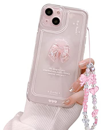 Ownest Compatible with iPhone 13 Mini Case, Cute 3D Pink Bowknot Slim Clear Aesthetic Design Women Girls Sparkly Protective Phone Cases for iPhone 13 Mini + Glitter Crystal Chain