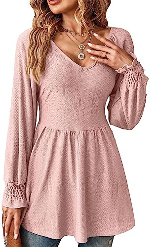Tomwell Tops Femme Manches Longues Chemisier Chemise Col V Imprimée Top Manches Longues Blouse T-Shirt Sexy Tunique Haut Casual Lâche B1 Rose Clair S