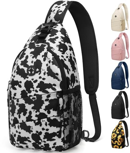 Pritent Umhängetasche für Damen und Herren, trendiger Slingbag-Rucksack, lässige Crossbody mit umwandelbarem Schultergurt, Reise-Schultertasche, für Wandern, Reisen, Outdoor, Kuhmuster