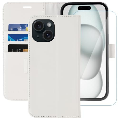 MONASAY for iPhone 15/14 Plus 5G Wallet Case, 6.7-inch [Glass Screen Protector Included] [RFID Blocking] Flip Folio Leather Cell Phone Cover with Credit Card Holder, White