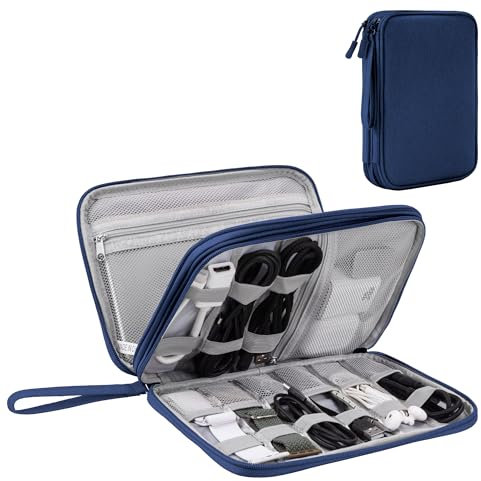 Organizador de Cables para Viaje con Doble Capa - Bolsa Técnica Impermeable para Cargadores, Teléfonos, Auriculares, Tarjetas | Travel Essentials para Viajes Accesorios, L, Azul Oscuro