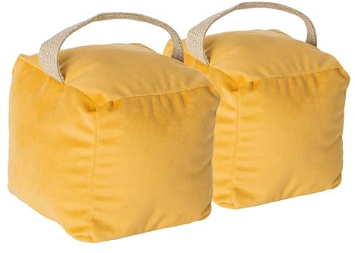 Nicola Spring Cube Door Stop - Yellow - 14cm - Pack of 2 - Velvet Indoor Doorstop Home Interior Decorative Floor Mounted Door Stop Weighted Fabric Doorstoppers with Handle for Home, Office