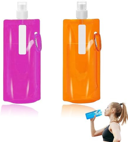 Foldable Water Bottle, 2 PCS Collapsible With Clip, Pouch, Festival Reusable for Outdoor Indoor Sports, Biking, Hiking, Travel (Purple Red + Orange)