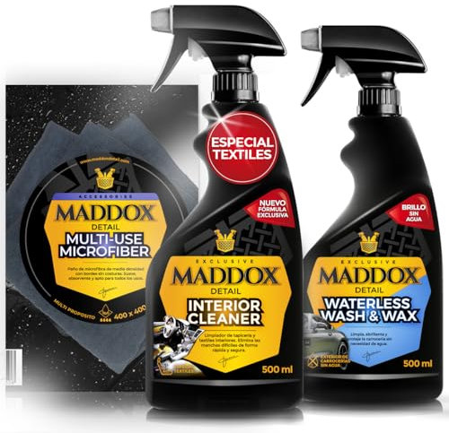 Maddox Detail - Pack de Mantenimiento y Limpieza para Coche | 1 Interior Cleaner + 1 Multi-Use Microfiber + 1 Waterless Wash & Wax | Limpieza Profunda sin Agua para Interiores y Exteriores.