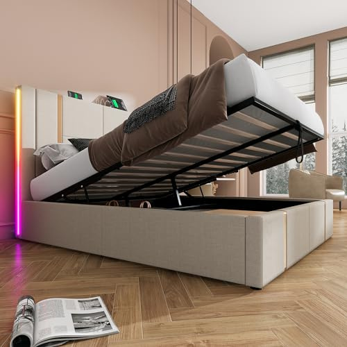 Dolamaní Polsterbett Bett 140x200 cm mit Lattenrost Beige, Doppelbett mit Stauraum, Schlafzimmer Boxspringbett, Lattenrost aus Holz, Kopfteil im Liniendesign