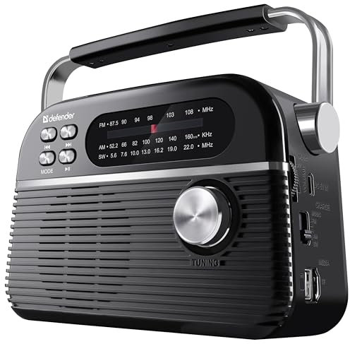 DEFENDER® Vega Tragbares Retro Radio mit Bluetooth, FM/AM/SW Rundfunkempfang, Integrierter Akku, Küchenradio, Teleskop-Antenne, Lautsprecher 5W, USB-C, Schwarz