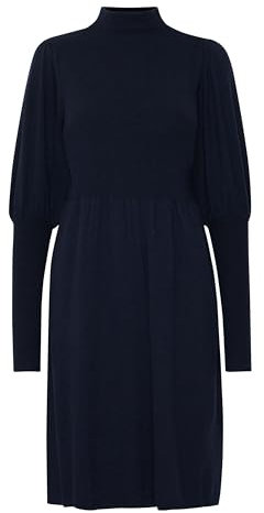 fransa FRDEDINA Damen Kleid Strickkleid Feinstrickkleid Midikleid mit Stehkragen und Puffärmeln A-Form, Größe:L, Farbe:Dark Peacoat (194010)