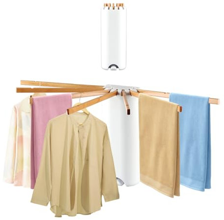 Qivine Etendoir Linge Mural, Rabattable, 7 Barres de Bras de Bois Réglables, Capacité de Charge de 14 Kg, pour Balcon, Linge