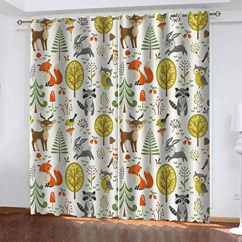 2Er Set Verdunkelungsvorhang 3D Druck Cartoon-Waldtiere Muster Vorhänge Blickdicht Gardinen Wohnzimmer Kinderzimmer Ösenvorhang Fensterdekoration Blickdichter