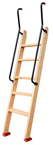 5-stufige Bibliotheksleiter aus Holz mit extra langem Handlauf und breiter Stufe, 152,4 cm, rutschfeste Bettleiter für Doppelstockbett, Hochbett und Schlafsaal, Traglast 136 kg, Holzfarbe