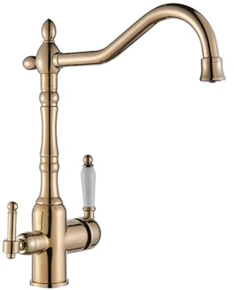 Trinkwasser 3-Wege-Filter Wasserhahn Küche - Küchenarmatur Retro Stil Messing 2 Hebel 360° Schwenkbar Spültischarmatur Mischbatterie Für Osmoseanlage, 3 In 1 Armatur Küche Für Wasserfilter, Gold