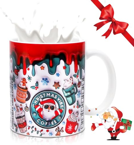 Yuragim Weihnachtstasse 3D, 350 ml Weihnachtsbecher Keramik, Kaffeebecher Kaffeetasse Weihnachten Tasse Trinkbecher Teetasse Espressotasse mit Weihnachtsmann, Weihnachten Geschenke für Familie Freunde