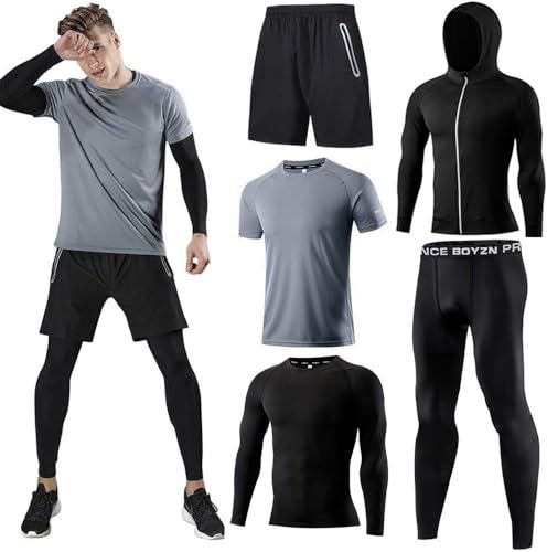 Herren Sport Laufset (5er Pack) Athletisches Shirt+Short/Kompression Shirt+Hose mit Mantel Trainingsanzug Gym Anzüge Grau 04 XL