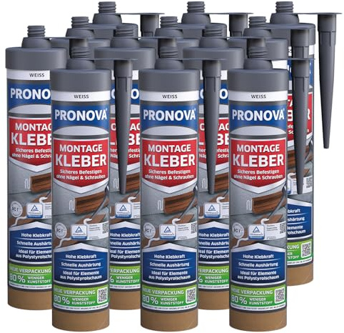 Pronova Premium Montage Kleber für Akustikpaneele, Wandpaneele Holz, Stuckleisten decke - Ideal für Holz-, Span-, Faserzement- und Kabelkanälen, Schnell trocknender Klebstoff 405g (12)