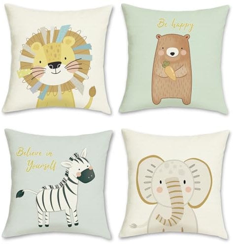 Bonhause 4er Set Kissenbezüge Tiere Karikatur 45 x 45 cm Löwe Bär Zebra Elefant Polyester Leinen Dekorative Kissenhülle Zierkissenbezüge für Sofa Zuhause Dekoration