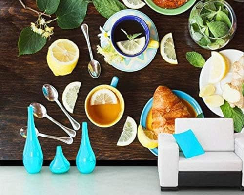 XLMING Thé Au Citron Croissant Cuillère Cuisine Restaurant Café Bar Papier Peint 3D Intissé Salon Canapé Chambre À Coucher Salle Manger Intérieure Murale-200cm×140cm