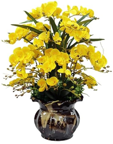 QTYQWC Grandes orchidées artificielles en soie avec feuilles - Orchidée artificielle en pot - 80 cm - Jaune