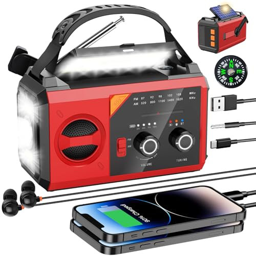 Radio Portátil FM/Am, Radio Emergencia con Manivela, Panel Solar y Batería de 27000mAh, Alarma SOS, Linterna y Lámpara de Lectura, Am/FM, Senderismo, Camping y Actividades al Aire Libre(Rojo)