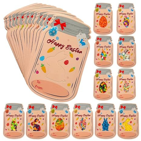 Puwaiio 24-teiliges Einmachglas-Osterkartenset Für Kinder, Frohe Ostern-Papierkarten, Einmachglas-Osterkartenset, Lustige DIYs-Ostergeschenke Für Den Schulaustausch Im Klassenzimmer