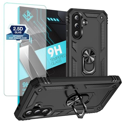 LBH Outdoor Hülle für Samsung Galaxy A56 5G mit Displayglas Armor Militär Stoßfest Handyhülle 360 Grad Metal Ring Halter Ständer Schutzhülle für Handyhalterung Auto Magnet Schwarz