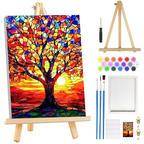 MOGTAA Baum des Lebens Malen Nach Zahlen Erwachsene mit Rahmen, Baum Landschaft Malen Nach Zahlen Mit Holzstaffelei, DIY Ölgemälde Leinwand Set Acrylic Malerei Bilder für Home Dekor, 20x30cm