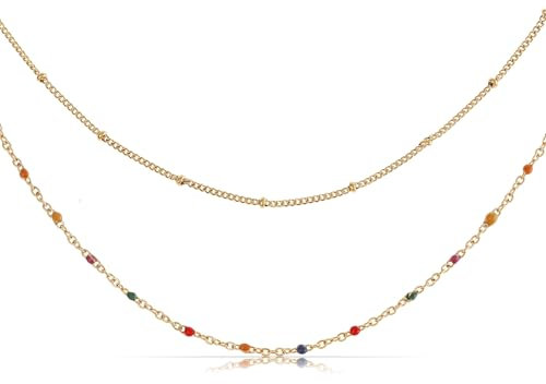 Made by Nami Collana di perle a doppio petto a strati da donna in oro con perle colorate e dorate in acciaio chirurgico, 40+5 cm, gioiello boho, ipoallergenico e impermeabile