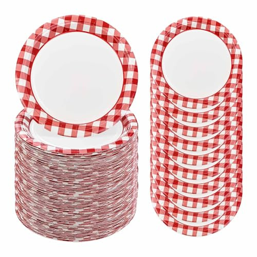 FALIZIFU Lot de 50 assiettes jetables en carton vichy rouge de 17,8 cm pour mariage, fête prénatale, fête d'anniversaire, assiettes à dessert jetables