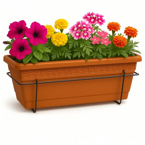 TECHZOCO Jardinera de plástico, Balconera de plástico, Macetero para Jardín, Fabricado en Polipropileno, Incluye Soporte, Patio, Interior o Exterior, 40 cm Largo x 15 cm Alto x 18 cm Fondo, Terracota