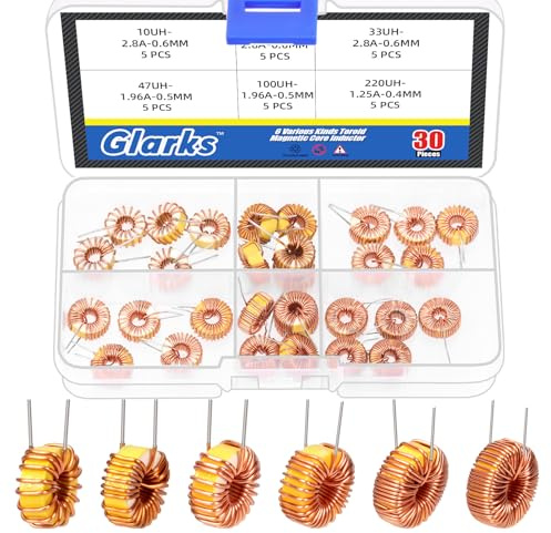 Glarks 30pcs 6 Größen Toroid Kern Induktor Kit, 10UH-2.8A 22UH-2.8A 33UH-2.8A 47UH-1.96A 100UH-1.96A 220UH-1.25A Induktivität Kupferspule, Toroidale Induktordraht für Transformatoren DIY Leiterplatte