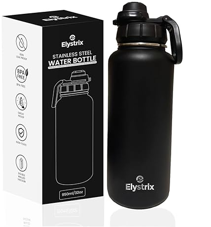 Elystrix Stainless Steel Water Bottle, Vacuum Insulated, 950ml/32oz, Black - BPA Free, Leakproof, Keeps Drinks Hot 12hrs & Cold 24hrs