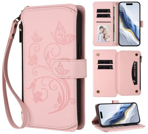 Handyhülle für Sony Xperia 5 IV, Prägung Schmetterling Reißverschluss Wallet Book Case Hülle Premium PU Leder Schutzhülle Klapphülle Magnetverschluss Kartenfach Standfunktion Rosa