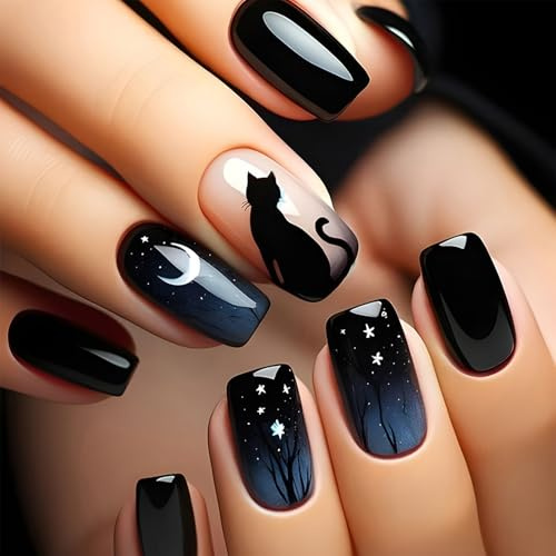 Halloween Press on Nails - Black Cat & Moon Short Square False Nails 24PCS Gothic Full Cover Acrylic with Starry Night Design and Adhesive Tools for Women