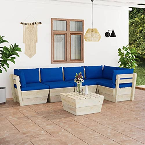 Teenpull 6-TLG. Garten-Sofagarnitur aus Paletten mit blauen Kissen, imprägniertem Fichtenholz für Terrasse, Balkon, Garten Lounge-Set, Robustes Outdoor-Möbelstück