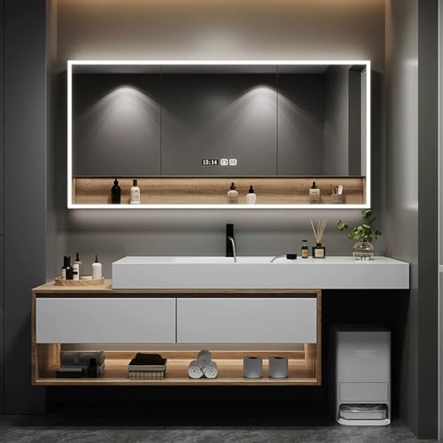 Badezimmermöbel-Set mit Waschbecken, 140 cm, Schminkschrank, LED-Spiegelschrank, braunes Finish, modernes Badezimmer-Aufbewahrung, 140 cm, stilvolle Waschraummöbel