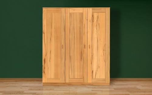 Geborgenschlafen Massivholz-Kleiderschrank 174×210×60 cm | Kleiderschrank mit 3 Schiebetüren für Schlafzimmer mit Kleiderstange und Einlegeböden | Nachhaltige Garderobe aus Kernbuche Massivholz
