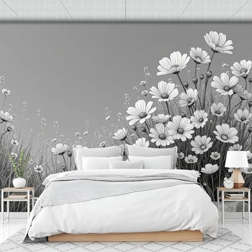 Papier Peint Intissé Plantes Et Fleurs Sauvages En Noir Et Blanc 396 X 280 Cm Papier Peint Photo Panoramique Floral Champêtre, Poster Geant Mural Personnalisé 3D, Pour Salon Chambre Décor Murale