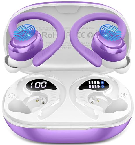 Auriculares Inalámbricos Bluetooth Deportivos, 2026 Auriculares Bluetooth 5.4 con 4 Mics, HiFi Estéreo, 50H Cascos Inalambricos con Cancelación de RuidoI,Cascos Bluetooth IP7 Impermeable/USB-C/Púrpura