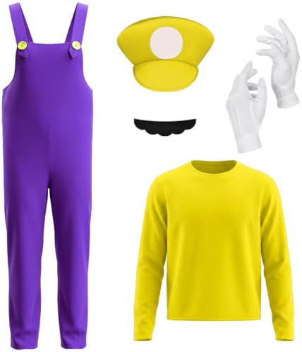 BSBUY Super Brothers Cosplay Kostüm, 5 Pcs Cosplay mit T-Shirt Mütze Hose Bart Handschuhe Super-Brüder Wario Kostüm Set Männer Damen Erwachsene Outfit Kostüm für Karneval Party Faschingskostüme