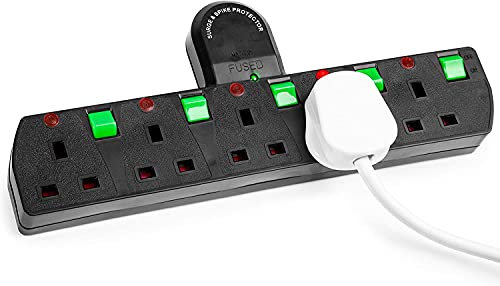 Duronic Plug Adapter with USB S125B 4 Way Multi Plug Adapter for UK Plugs Surge Protected 3kW Power Extension Adapter with 2.4A USB Ports & 1 USB-c Port Black Multi Socket with Switches
