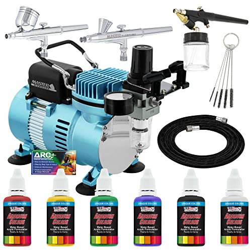 3 Airbrush Kit with 6 U.S. Art Supply Primary Airbrush Colors and Master Airbrush TC20 Pro Airbrush Compressor - Air Filter/Regulator- Airbrush Holder - 2 Gravity Feed Dual Action Master Airbrushes and 1 Suction Master Feed Airbrush and a How to Airbrush Instructional Guidebook and Airbrush Cleaning Brushes by Master Airbrush