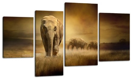 Leinwandbild Steppenelefant LW190 Wandbild, Bild auf Leinwand, 4 Teile, 180x115cm, Kunstdruck Canvas, XXL Bilder, Keilrahmenbild, fertig aufgespannt, Bild, Holzrahmen, Elefant, Afrika, Steppe