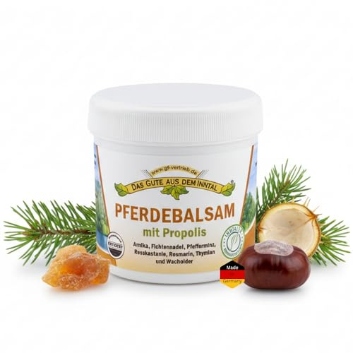 Pferdebalsam mit Propolis 200 ml Kräuterbalsam mit Aloe Vera Avocadoöl | Mit Arnika, Rosskastanie, Krauseminze, Aloe Vera und Avocadoöl – zieht schnell ein, fettet nicht, ideal nach Sport