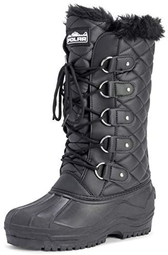 Polar Donna Tall Trapuntato Foderato Di Pelliccia La Neve Tattico Montagna Impermeabile Ginocchio A Passeggio Stivali - Nero Pelle - UK7/EU40 - YC0361