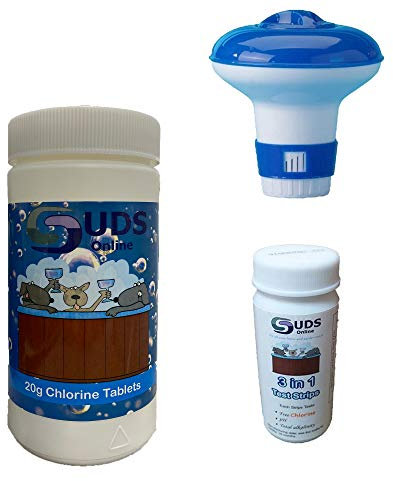 SUDS-ONLINE 50 Chlorine Tablets 20g + Test Strips + Floating Dispenser