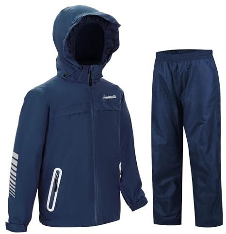 SWISSWELL Kids Rain Gear Boys Girls Youth Waterproof Rain Suit Breathable Reflective Raincoat and Pants Navy 10-12 Years