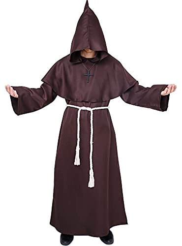 Myir JUN Mönch Robe Kostüm Mönch Priester Gewand Halloween Kostüm mit Kapuze Mittelalterliche Kapuze Herren Männer Mönchskutte (Braun, Large)