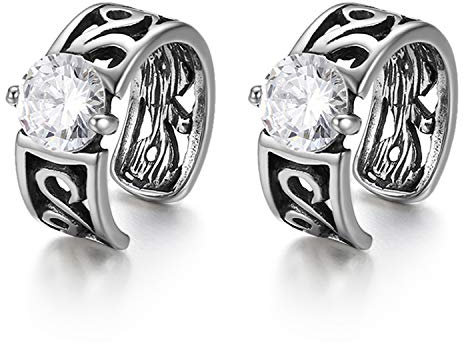 JewelryWe Herren Non-Piercing Ohrklemme Ohrclips, Retro Blumen Muster Edelstahl Zirkonia Fake Piercing Ohrringe Ohrstecker Ohr Klammern Ohne Loch, Weiß Silber